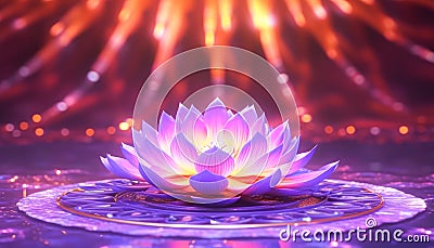 Light glowing lotus flower with pink illumination spiritual awakening enlightment meditation, wedding invitations, package. Cartoon Illustration