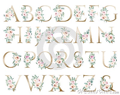 Light golden capital Letters with watercolor roses and leaves. Pastel floral alphabet Stock Photo