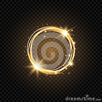 Light golden circle banner. Abstract light background. Glowing gold circle frame with sparkles and stars. Glowing magic Vector Illustration