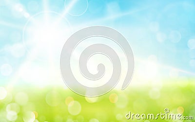 Light green, blue spring background with sun shine and blurry li Vector Illustration