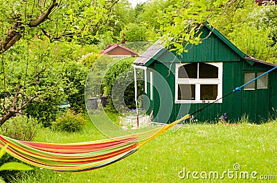 A light green small shed with white window frames, a gardenhouse in a beautiful wild garden with a colourful hammock in front of i Stock Photo