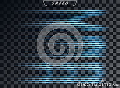 Light horizontal blue, transparent speed lines effect, on black background. Bright tail. Template. Overlay design element. Vector Illustration