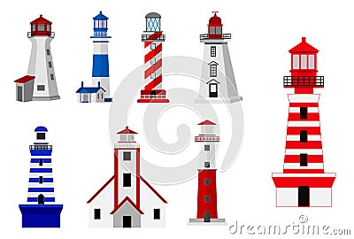 Set of lighthouse tower isolated or colorful searchlight for maritime navigation or light beam rescue distater tower. eps vector. Vector Illustration