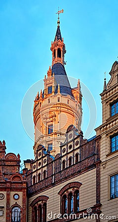 Light illuminated tower of Schwerin Castle. Mecklenburg-Western Pomerania, Germany Stock Photo