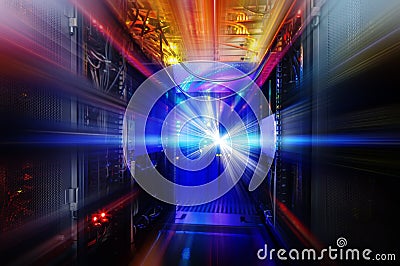 Light indicators and motion on the mainframe data center in the dark Stock Photo