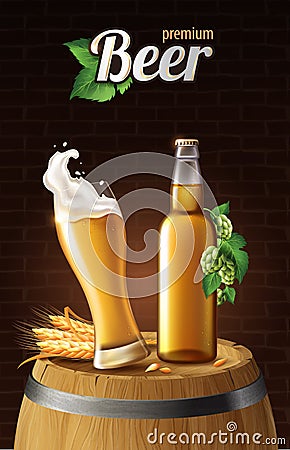 Light lager beer in glass cup and glass bottle on wood barrel with wheat, refreshing drink with white foam in 3d Vector Illustration