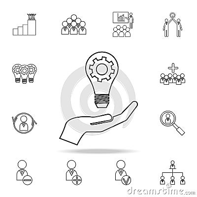 Light lamp bulb with cogwheel gear in hand. Idea icon. Detailed set of team work outline icons. Premium quality graphic design ico Stock Photo