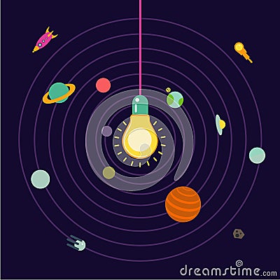 Creative space. Light lamp in the center of the solar system. Vector Illustration