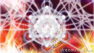 Light merkaba on abstract color background. Sacred geometry. Stock Photo