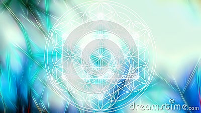 Light merkaba and Flower of life on abstract color background and fractal structure. Sacred geometry. Stock Photo