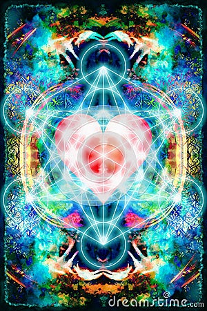 Light merkaba and heart on abstract background. Sacred geometry. Stock Photo