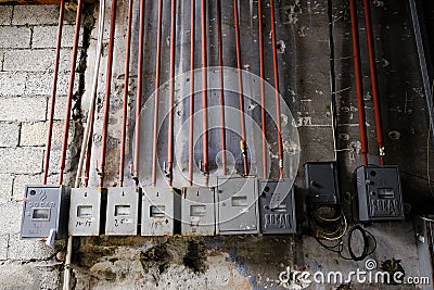 Light meter boxes on the wall Stock Photo