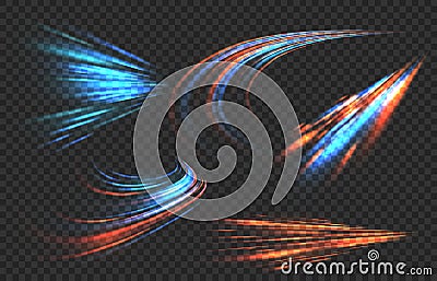 Light motion trails. High speed effect motion blur night lights in blue and red colors, abstract flash perspective road Vector Illustration