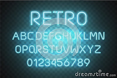 Light Neon Font Alphabet Vector . Glowing text effect. Neon tube blue letters isolated on transparent background. Vector Vector Illustration