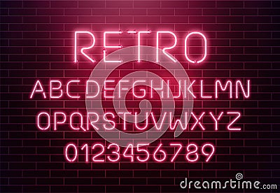 Light neon font letter set. Bar sign vector type. Glowing casino and cinema red text alphabet on brick wall background Vector Illustration