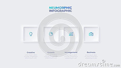 Light neumorphic horizontal progress diagram with 4 square elements. Infographic design template Vector Illustration