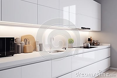 interior contemporary house design kitchen modern nobody apartment home white empty. Generative AI. Stock Photo