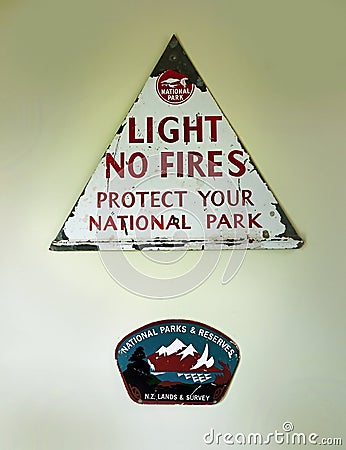 Light No Fires Sign, National Parks, New Zealand Editorial Stock Photo