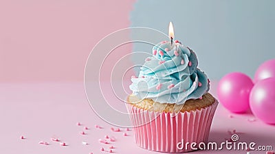 Light pink and light blue cupcake with one candle Stock Photo