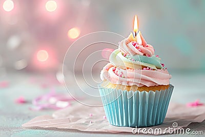 Light pink and light blue cupcake with one candle Stock Photo