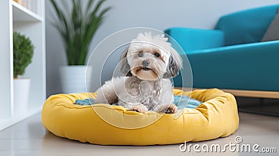 Light poodle resting in a soft dog bed Stock Photo