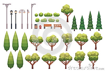 Light Posts , Trees and Outdoor Furniture in Low Poly Style Vector Illustration