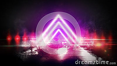 Light pyramid triangle. Neon triangle in the center, light, rays, smoke. Stock Photo