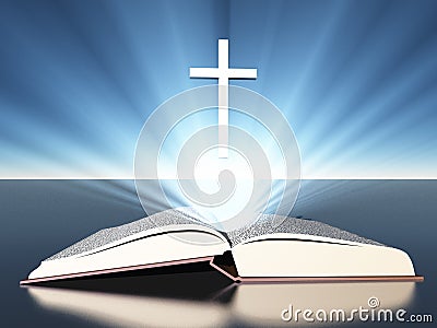 Light radiates from bible with cross Stock Photo