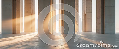 Light Rays Streaming Through Tall Concrete Columns in Empty Space Stock Photo