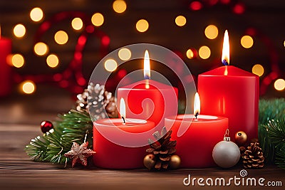 light of red candles casts a warm and inviting glow, creating a cozy ambiance that invites one to relax and unwind Stock Photo