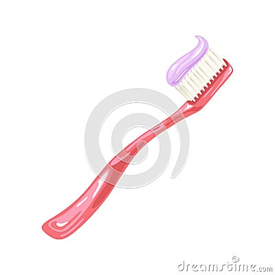 Light red toothbrush with extruded purple toothpaste. Personal, oral hygiene supplies, toiletries. Vector Illustration