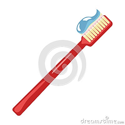 Light red toothbrush with extruded purple toothpaste. Personal, oral hygiene supplies, toiletries. Vector Illustration