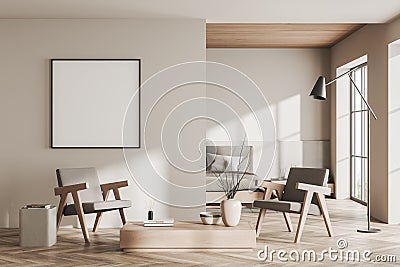 Light relax zone interior with two seats and bed near window. Mockup frame Stock Photo