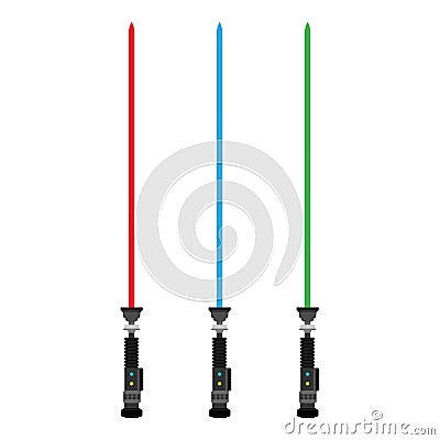 Light saber set red, blue, green star sword weapon futuristic fight war vector icon. Jedi hand scifi future color neon equipment Vector Illustration