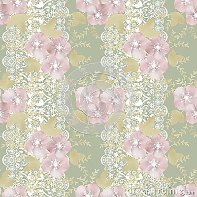 Light seamless floral lacy lace pattern on green Stock Photo