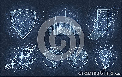 Light Sketch of City, Planets, Phone in Hand, Bulb Vector Illustration