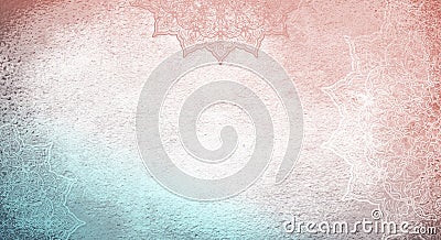 Light, soft aqua and orange coral textured watercolor background with mandalas Stock Photo