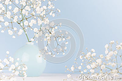 Light soft elegant home decor with small airy flowers in glossy pastel blue vase on wood table and blue wall. Stock Photo