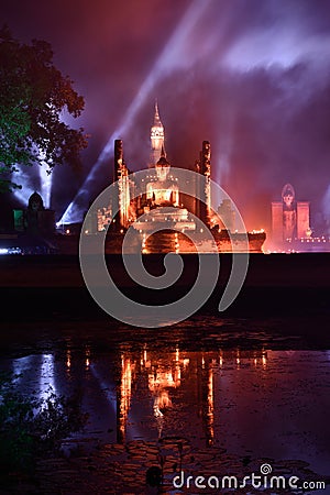 Light and sound showing in Loy Krathong festival. Stock Photo