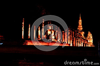 Light and sound showing in Loy Krathong festival. Stock Photo