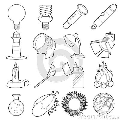 Light source icons set, outline style Vector Illustration