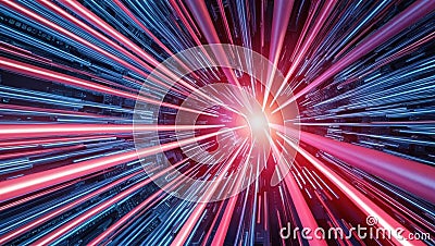 Light speed data cables create shimmering bandwidth pulses in vibrant cyber scene, showcasing advanced connectivity and future of Stock Photo