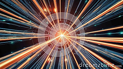 Light speed fiber optics create radiant signal flow in interconnected web, showcasing vibrant cyberpunk visual concept. dynamic Stock Photo