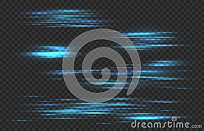 Light speed lines. Car fast motion trail effect, horizontal neon linear glow. Laser stream, quick movement, power tails Vector Illustration