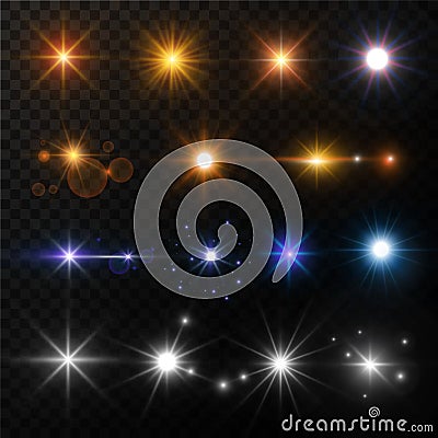 Light and stars shine lens flare sun beams glowing sparkles vector isolated gold and neon icons Vector Illustration