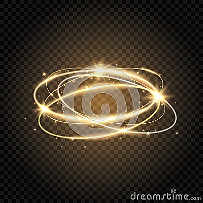 Light swirl. Glow shiny spiral. Gold circle line. Glowing magic fire ring. Sparkle swirl trail. Bright circle frame with Vector Illustration