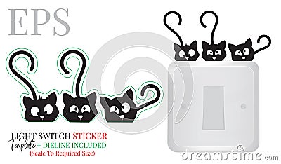 Light switch sticker, cute cats silhouette, vector. Three kittens illustration isolated on white background. Wall decals Vector Illustration