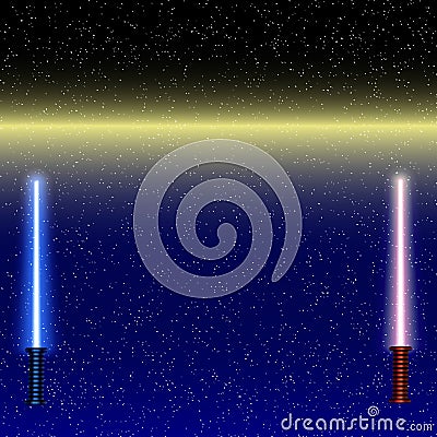 Light swords on Space Background. Vector illustration. Lightsaber on The Night Sky. Vector Illustration