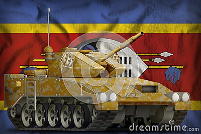 Light tank apc with desert camouflage on the Swaziland national flag background. 3d Illustration Stock Photo