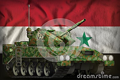 Light tank apc with summer camouflage on the Syrian Arab Republic national flag background. 3d Illustration Stock Photo